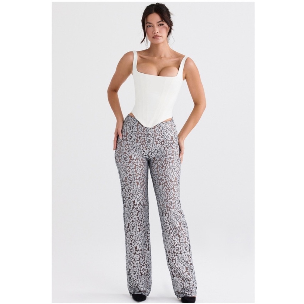 HOUSE OF CB Mara Metallic Floral Lace Pants, Silver NWT